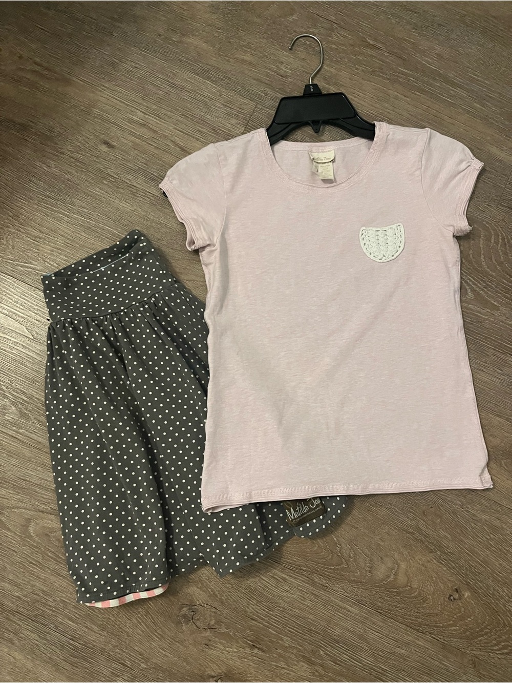 Matilda Jane Kids Pink Short Sleeve Top with Gray Polka Dot Skirt Set
